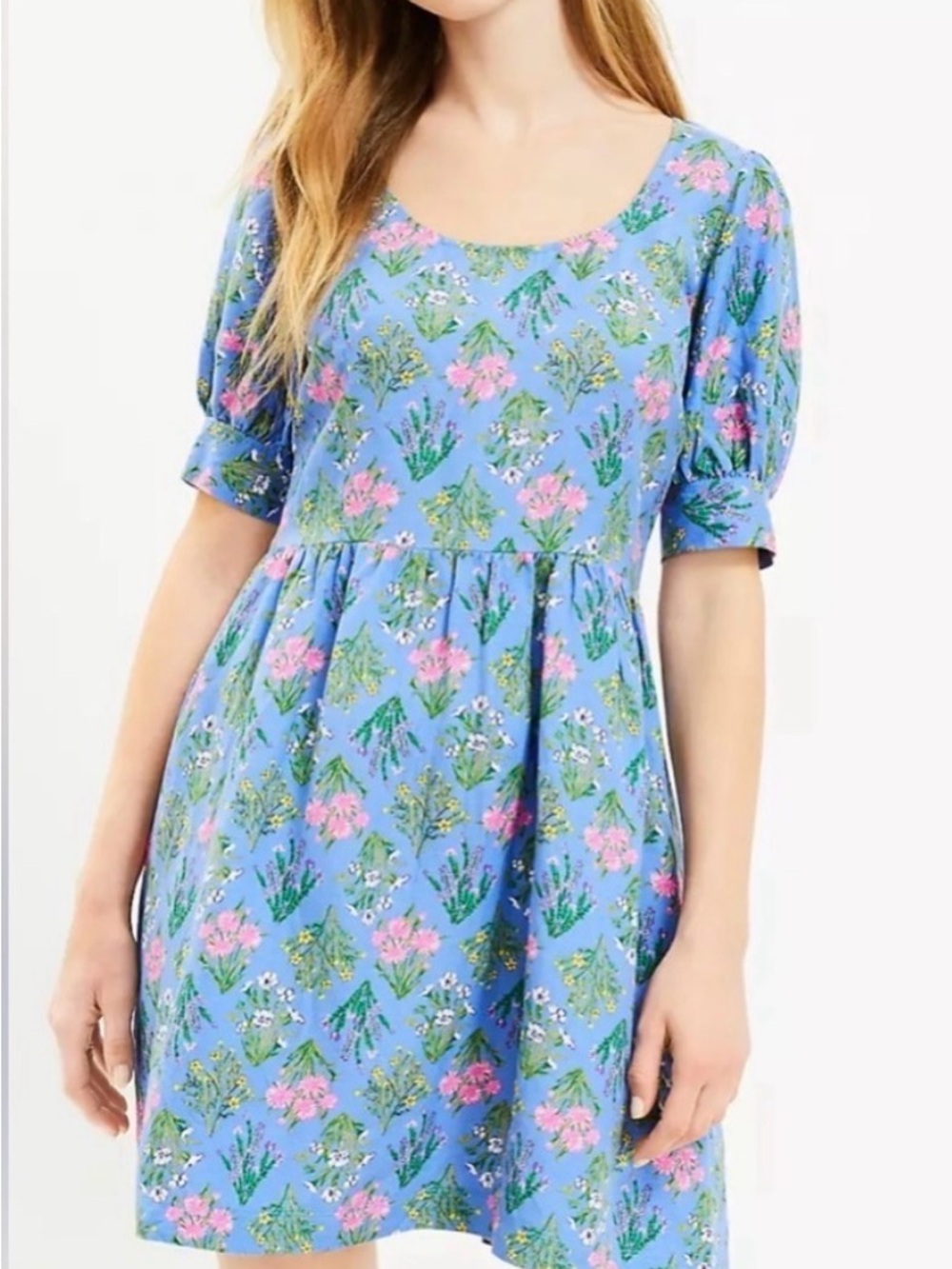 NWOT LOFT Blue Floral U-Neck Periwinkle Blue Puff Sleeve Linen Blend Dress - Picture 2 of 9